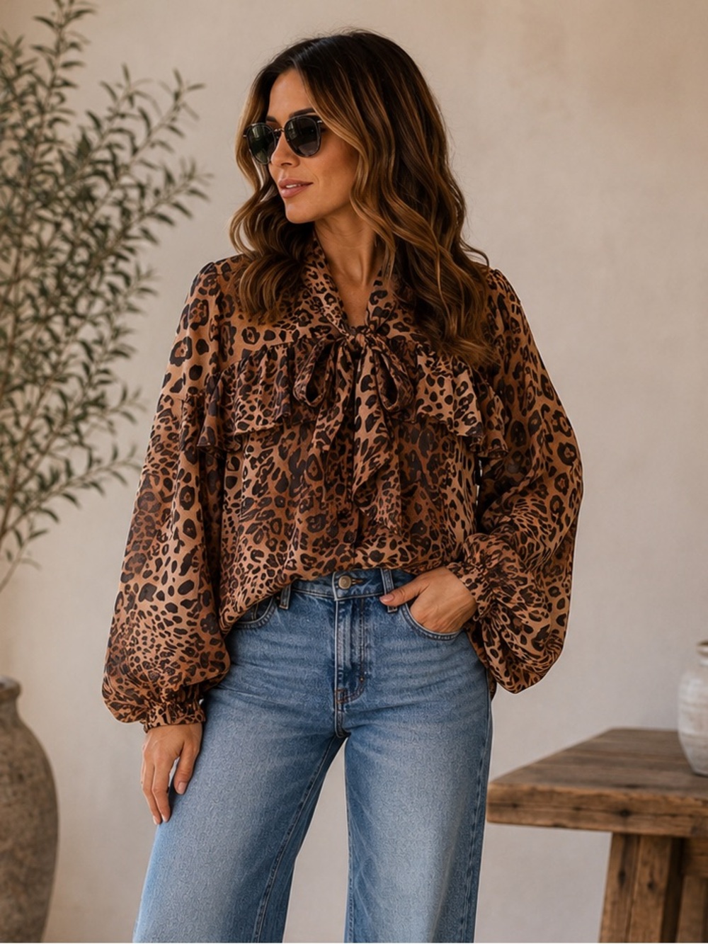 FROM PARIS FRANCE 🇫🇷 Leopard Print Tie-Neck Blouse - Brown